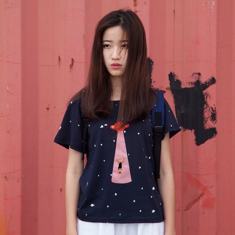 夏季纯棉原创印花情侣T恤-UFO - 女装 T 恤 - 棉．麻 蓝色