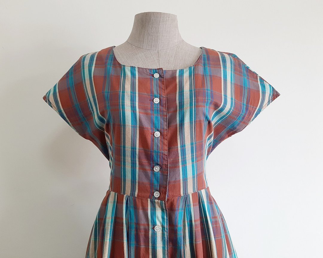 Vintage Blue Brown Plaid Dress - 洋装/连衣裙 - 棉 咖啡色
