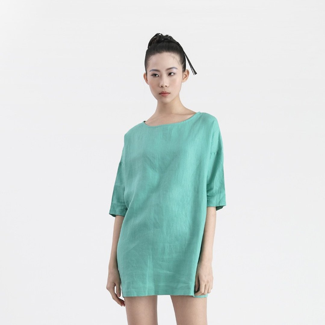 【现货】中袖纯亚麻长版衫 - 女装上衣 - 棉 绿色