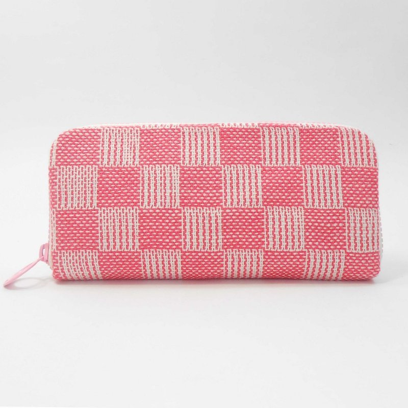 手织布 长夹09-浅玫红x米白方格 - 皮夹/钱包 - 棉．麻 粉红色