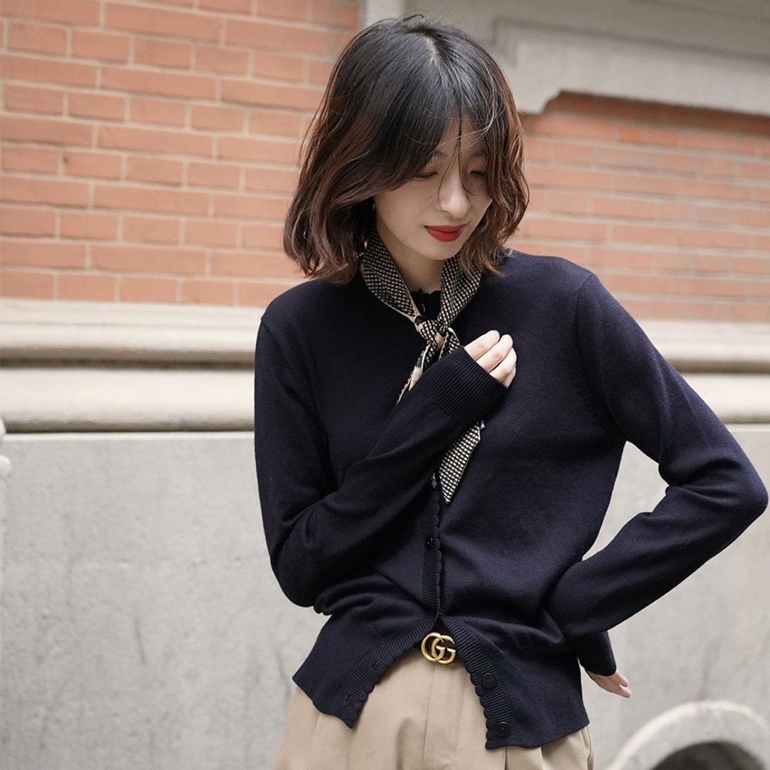 圆领羊毛针织开衫-藏青色|针织衫|外套|秋款|羊毛|Sora-580 - 女装针织衫/毛衣 - 羊毛 
