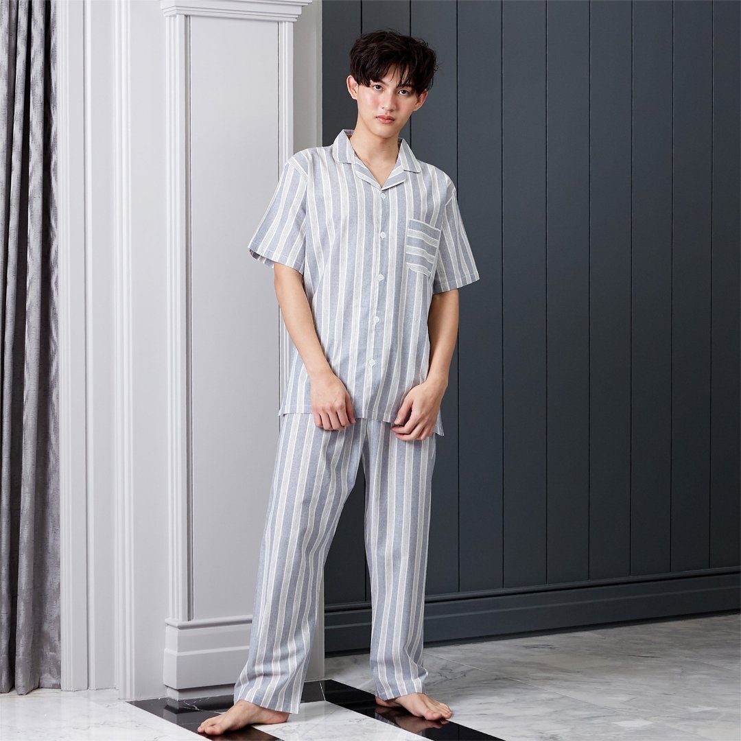 Linen Pajamas Short sleeve with Pants - 居家服/睡衣 - 亚麻 蓝色