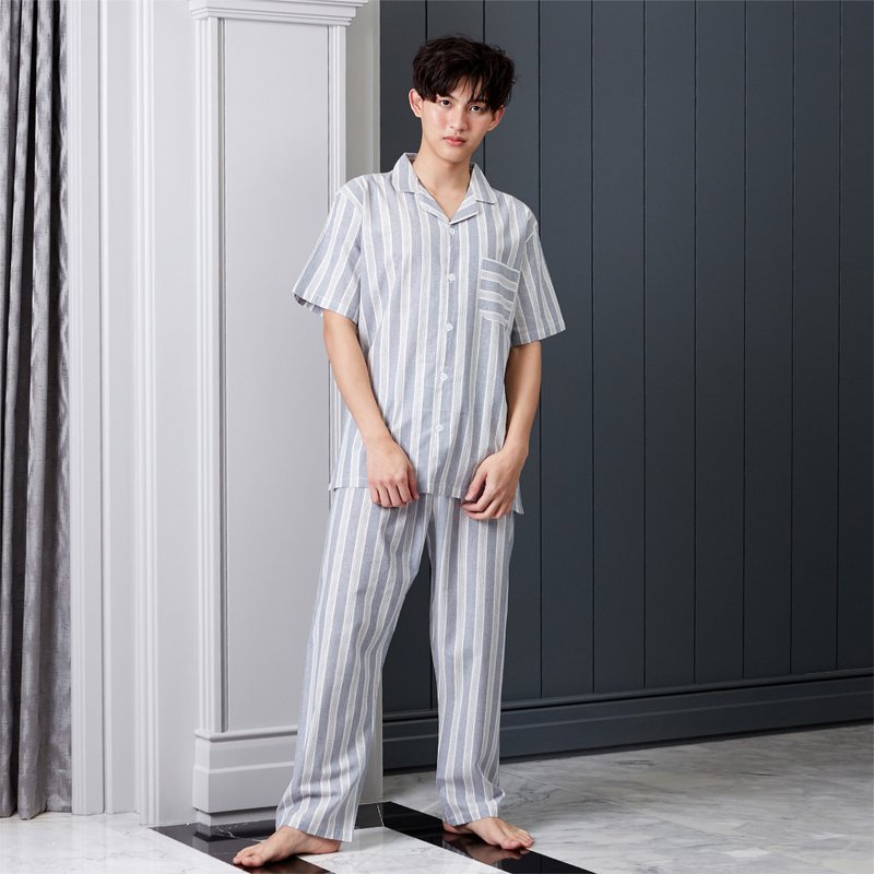 Linen Pajamas Short sleeve with Pants - 居家服/睡衣 - 亚麻 蓝色