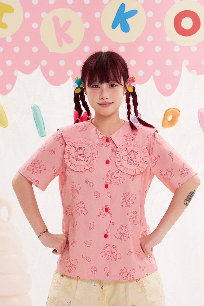 动物天使小兔领子粉色衬衫 可爱少女日系百搭宽松 - 女装衬衫 - 棉．麻 多色