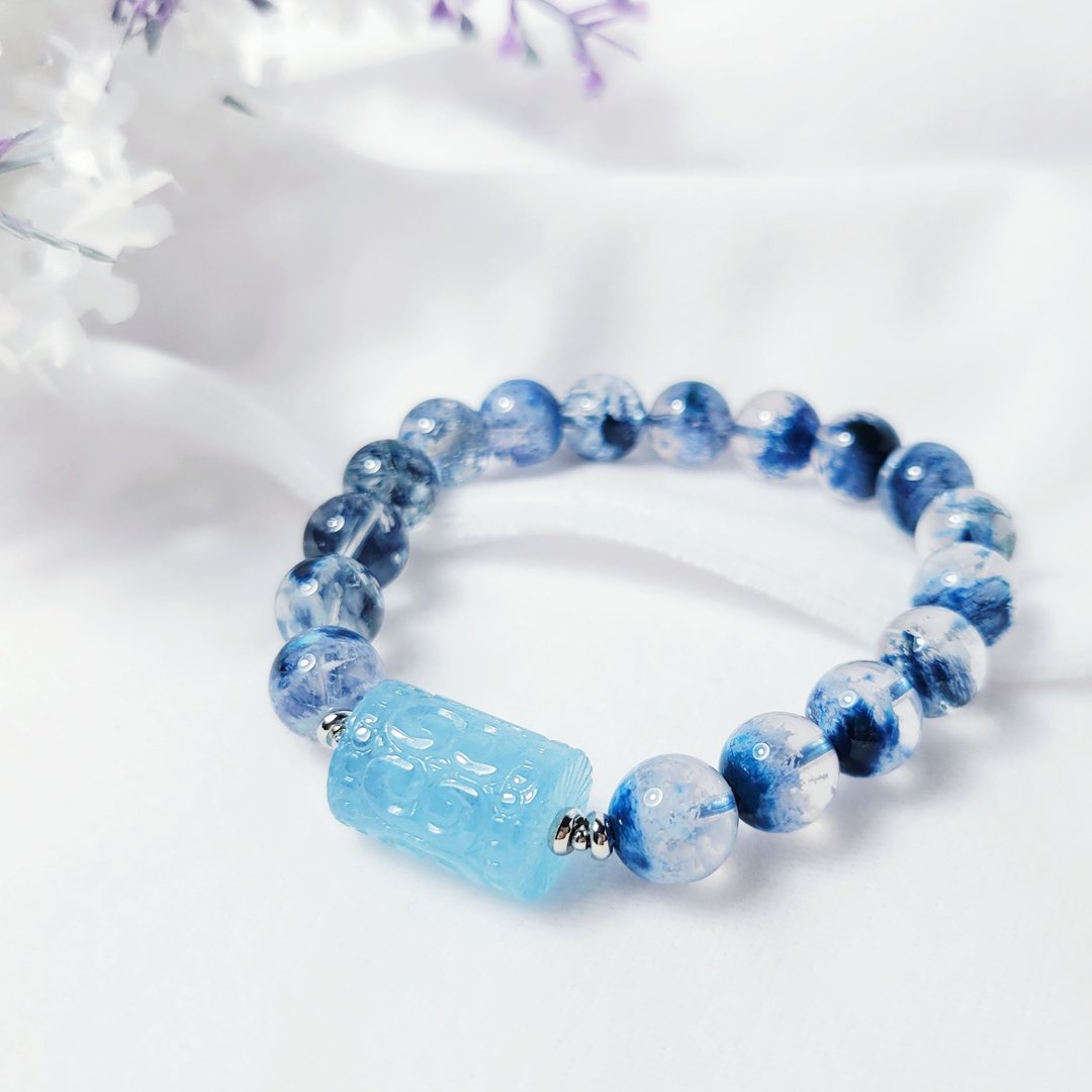 顶级蓝幽灵水晶 雪景 聚宝盆 海蓝宝 回纹 喉轮 手链 单品 礼物 - 手链/手环 - 宝石 蓝色