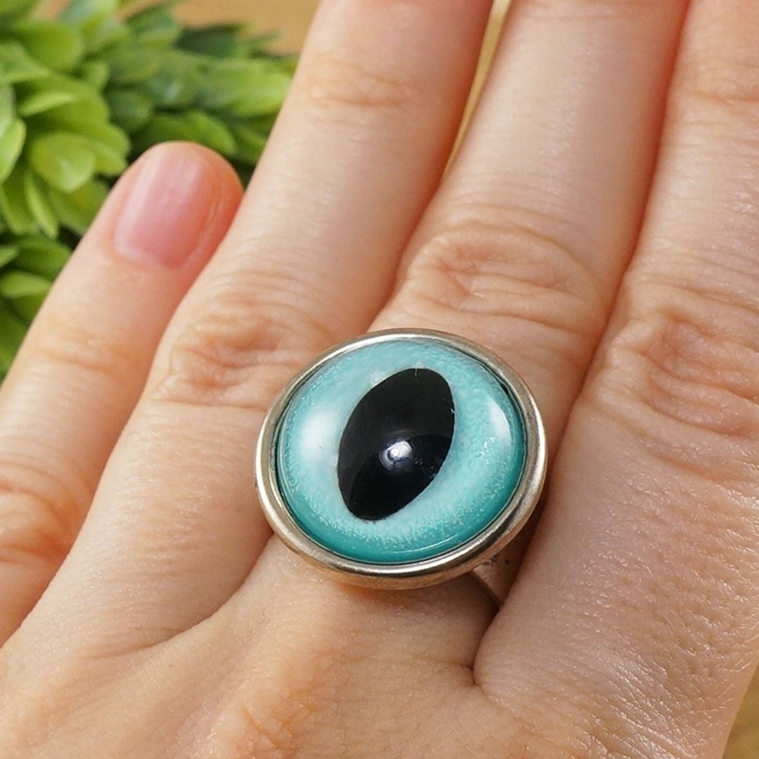 Blue Glass Siamese Cat Eye Ring Evil Eye Protection Adjustable Ring Jewelry Gift - 戒指 - 其他材质 蓝色