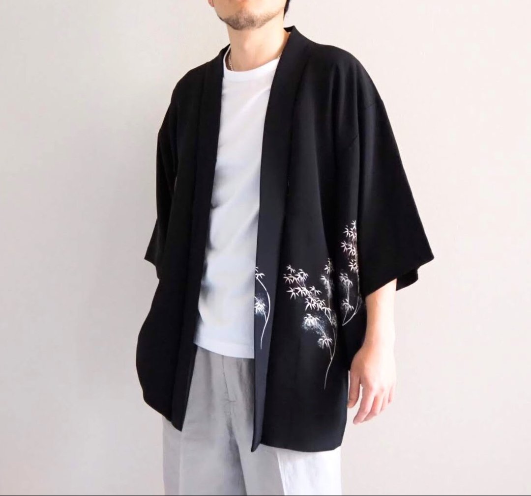 柔软真丝黑色羽织和服、日本男式黑色羽织、男女通用羽织、黑色夹 - 女装休闲/机能外套 - 丝．绢 