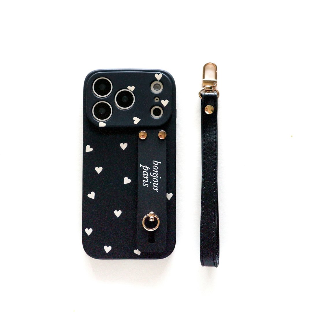 东京新品 - 玛黑法式小爱心手带手机壳 (iPhone17Pro.17Promax 专用) - 手机壳/手机套 - 塑料 黑色