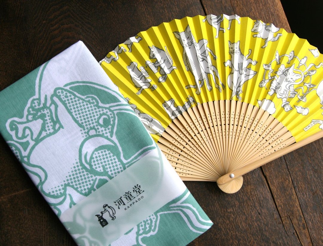 Folding fan set - 丝巾 - 棉 黄色
