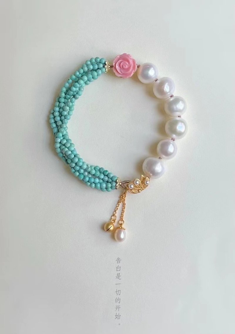 原创国潮天然珍珠原矿绿松双拼单圈手链  绿松石麻花链搭配粉贝花 - 手链/手环 - 水晶 