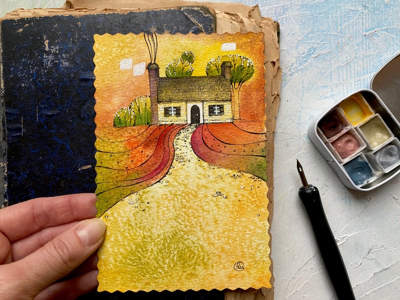 House painting Landscape Original art Small watercolor Mini artwork Postcard - 海报/装饰画/版画 - 纸 橘色