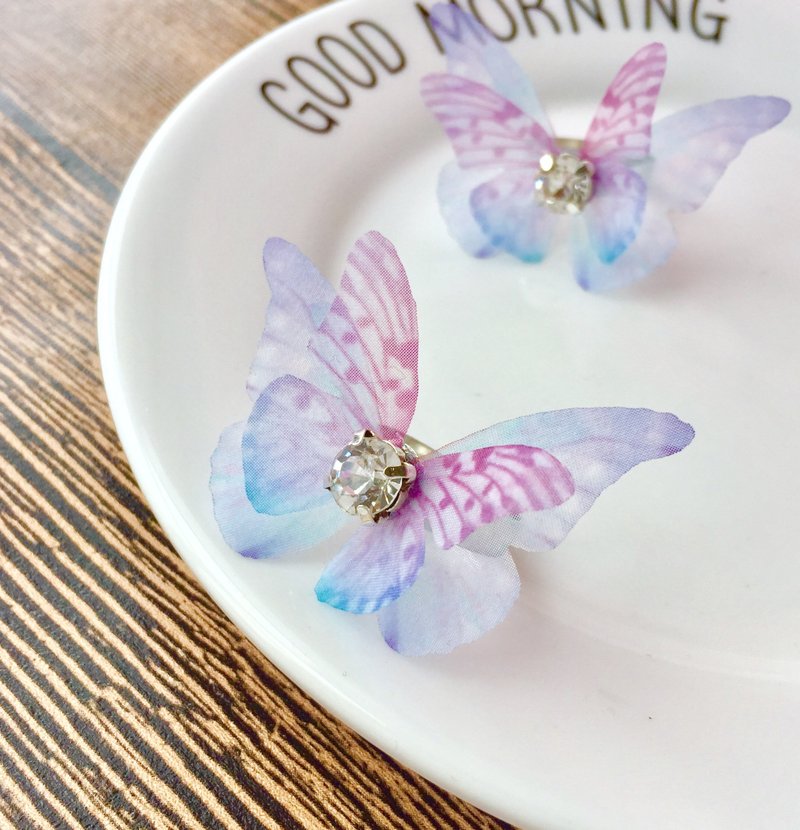 ❤️【一對！可调节戒指】❤️真丝薄纱蝴蝶戒指水钻戒指紫色戒指粉色戒指暈染色戒指漸變色戒指 - 戒指 - 植物．花 蓝色