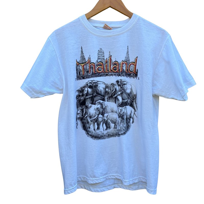 泰国大象王国复古艺术纪念 T 恤 - 男装上衣/T 恤 - 棉．麻 白色