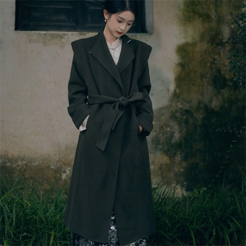 徘徊 灰黑色毛呢大衣 新中式國風盤扣秋冬大衣 中長款羊絨外套 - 女装休闲/机能外套 - 羊毛 黑色