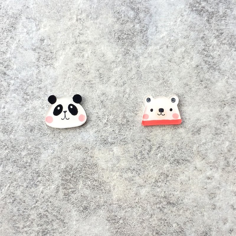 Pista丘手绘耳环/ 动物-猫熊+北极熊 - 耳环/耳夹 - 树脂 白色