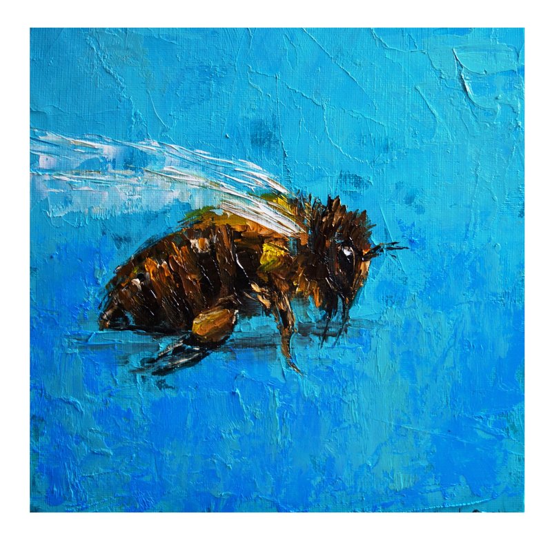 Honey Bee Painting Oil Bumblebees Original Art Insect Artwork Impasto Canvas Art - 海报/装饰画/版画 - 颜料 多色