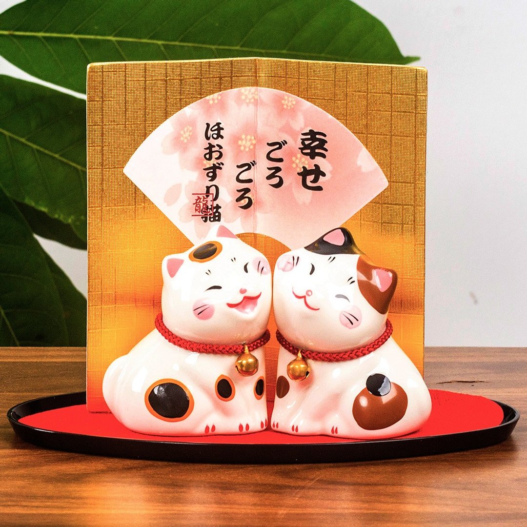 日本京都龙虎作 开运招福日式贴脸猫咪 陶瓷桌面创意摆件生日礼物 - 摆饰 - 陶 