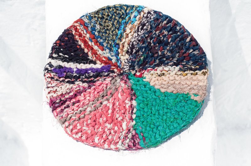 生日礼物 民族风 森林系 彩虹餐垫 隔热垫-回收纱丽钩织圆形锅垫 - 餐垫/桌巾 - 棉．麻 多色