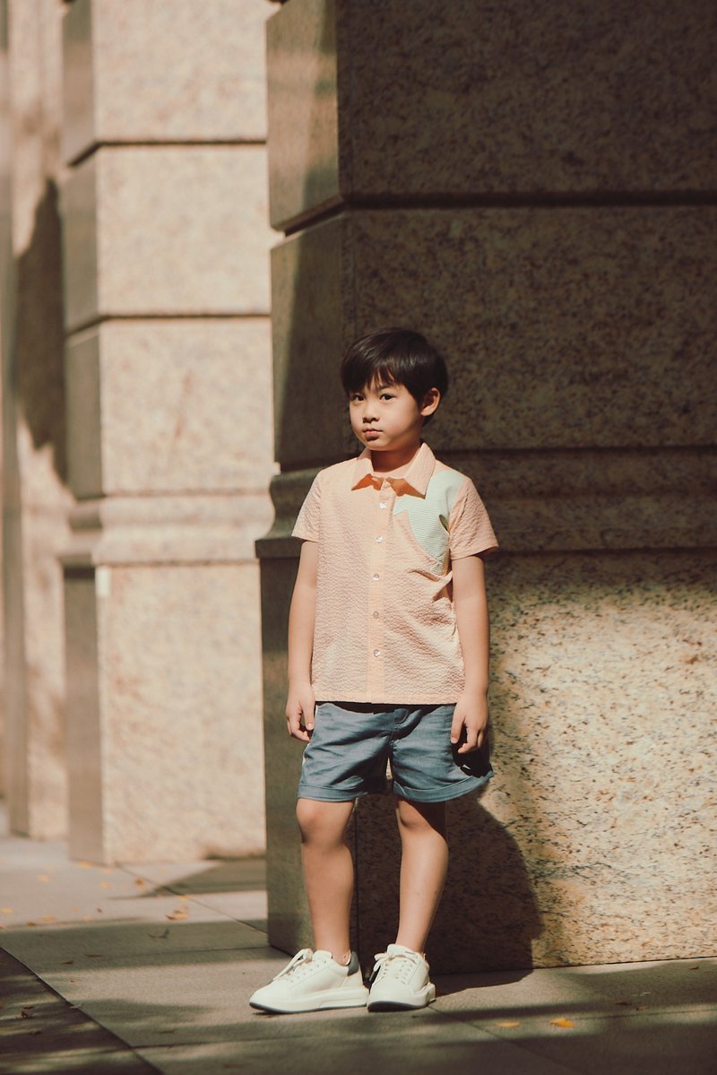 bbc小精灵条纹剪接衬衫 - 童装上衣 - 棉．麻 橘色