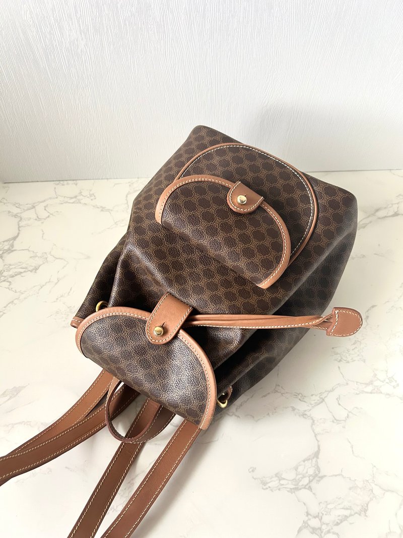 【LA LUNE】稀有中古二手Celine老花皮革侧背单双肩后背包囊手袋 - 后背包/双肩包 - 真皮 咖啡色