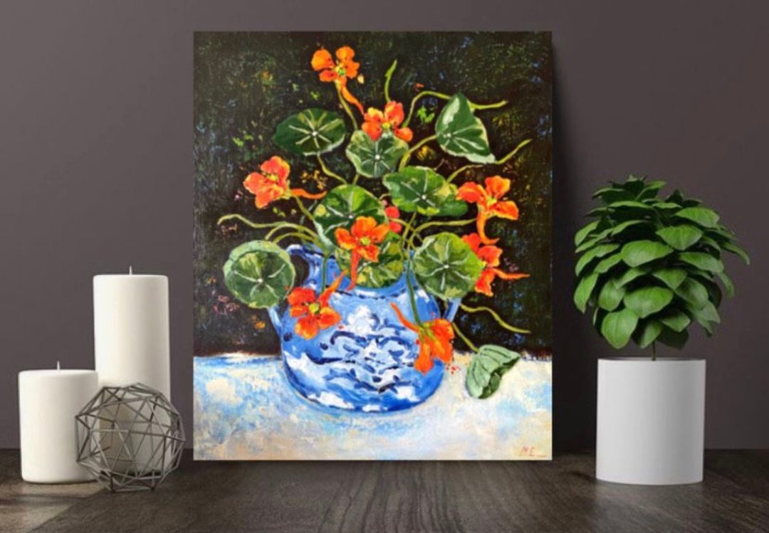 金莲花 静物 布面油画 墙壁装饰 马蒂斯灵感的中国花瓶 - 墙贴/壁贴 - 其他材质 蓝色