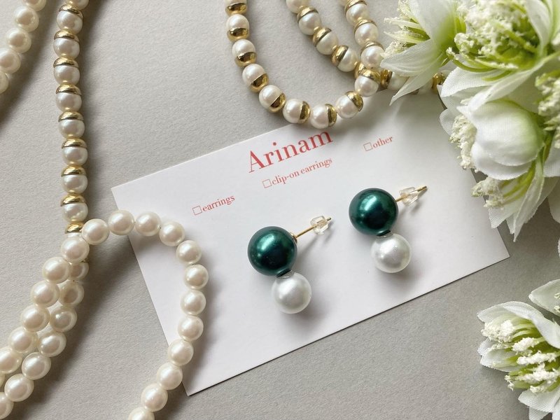 【珍珠耳环 / 绿色 / 庆典 / 母亲节】绿色珍珠 × 珍珠 (耳环) - 手链/手环 - 珍珠 绿色
