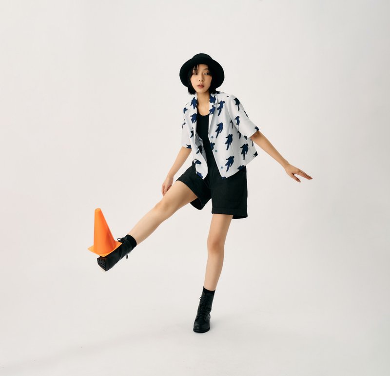 幸运蓝鸟复古印花衬衫 白色 - 女装衬衫 - 聚酯纤维 白色