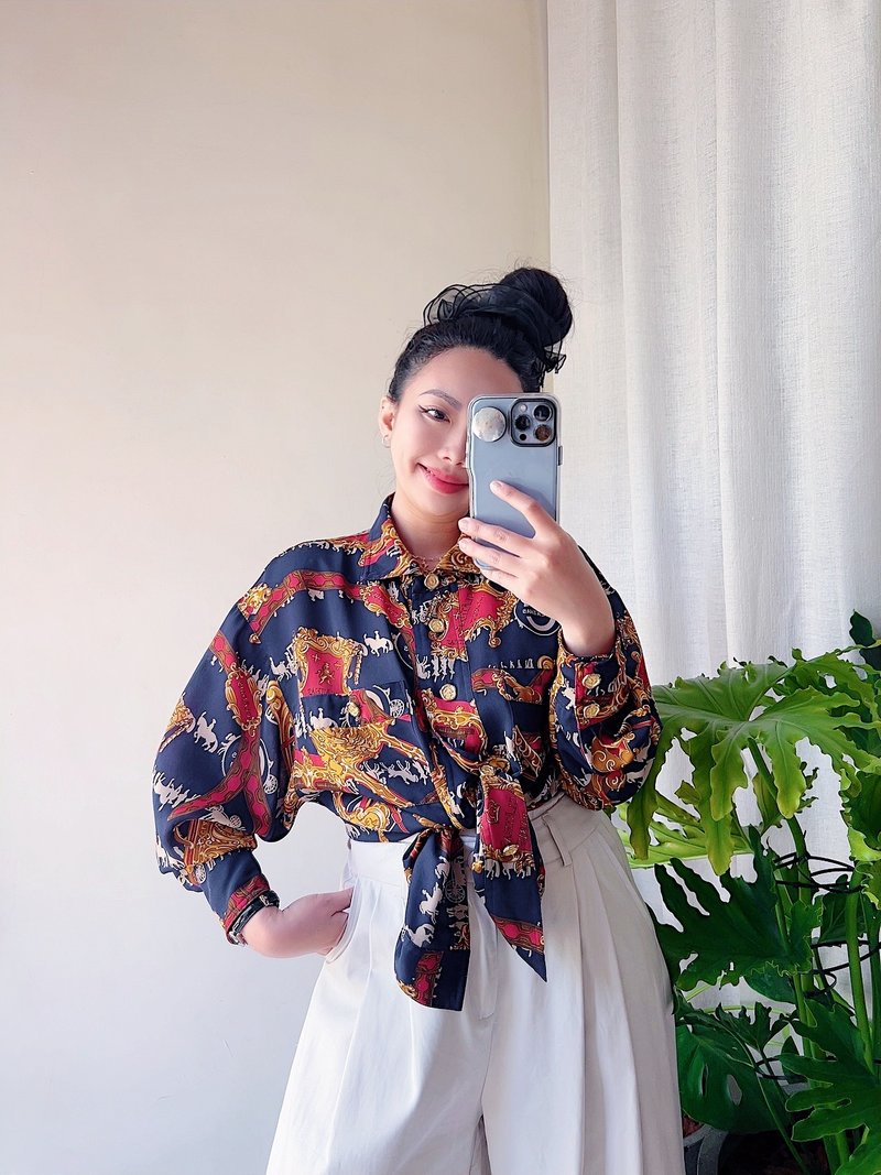 深蓝华丽宫廷图腾 雪纺纱透肤薄料衬衫上衣罩衫shirt vintage古着 - 女装衬衫 - 聚酯纤维 多色