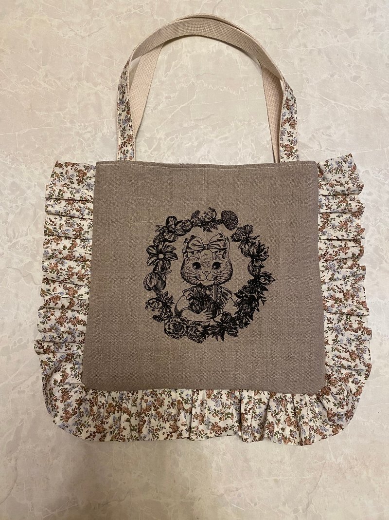 荷叶边袋 (猫咪) - 化妆包/杂物包 - 棉．麻 卡其色