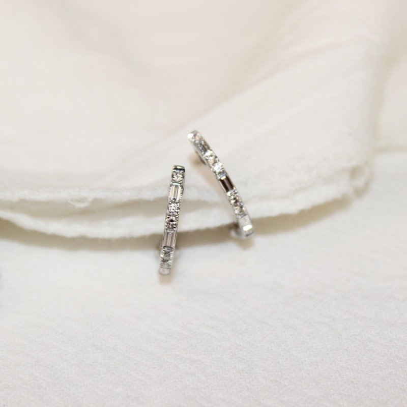 【极简法式】18K 圆钻x长方钻圈圈耳环 钻石耳圈 - 耳环/耳夹 - 玫瑰金 银色