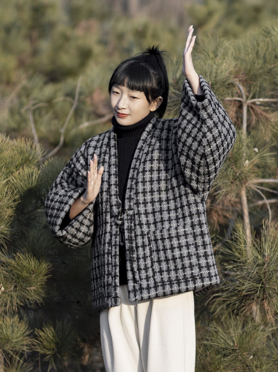 黑灰格子 编织呢子改良 日式和服道袍外套/棉服 无性别穿搭 - 女装上衣 - 其他材质 灰色