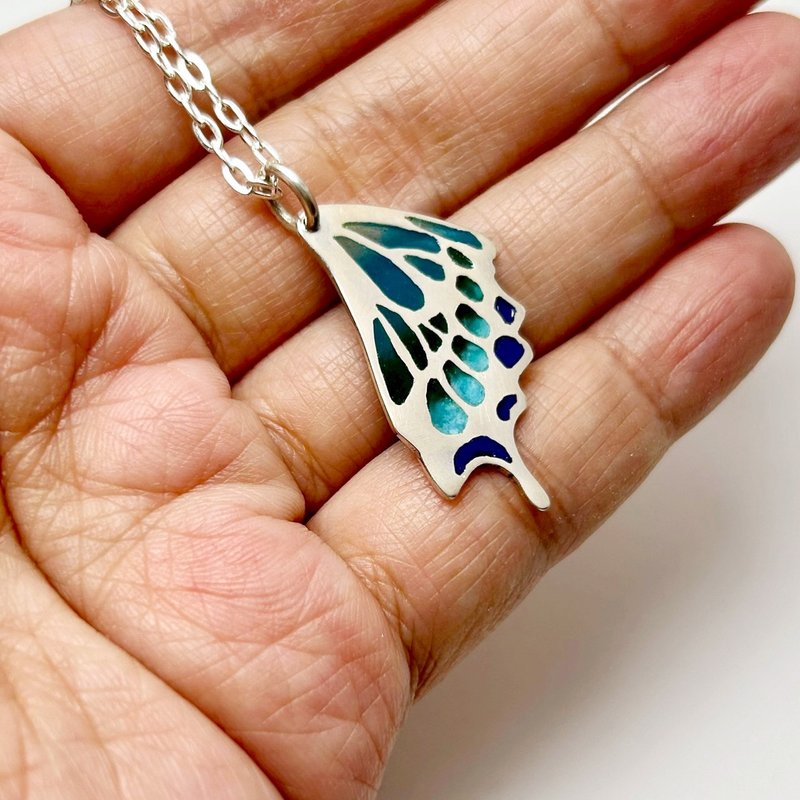 【Animals系列】#b55 珐琅蝴蝶项链/ 纯银/ 手工礼物/ 定制化 - 项链 - 银 蓝色