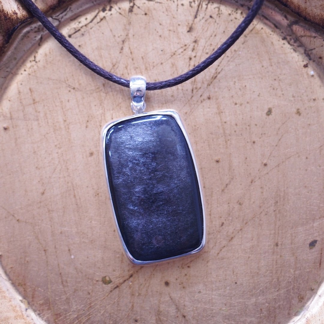 大颗银曜石 手工纯银 项链 辟邪宝石 男生 Silver Sheen Obsidian - 项链 - 半宝石 银色