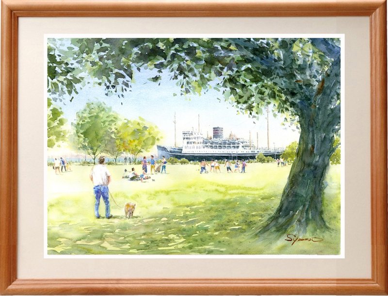 定制原创水彩画横滨山下公园和冰川丸 - 海报/装饰画/版画 - 纸 绿色