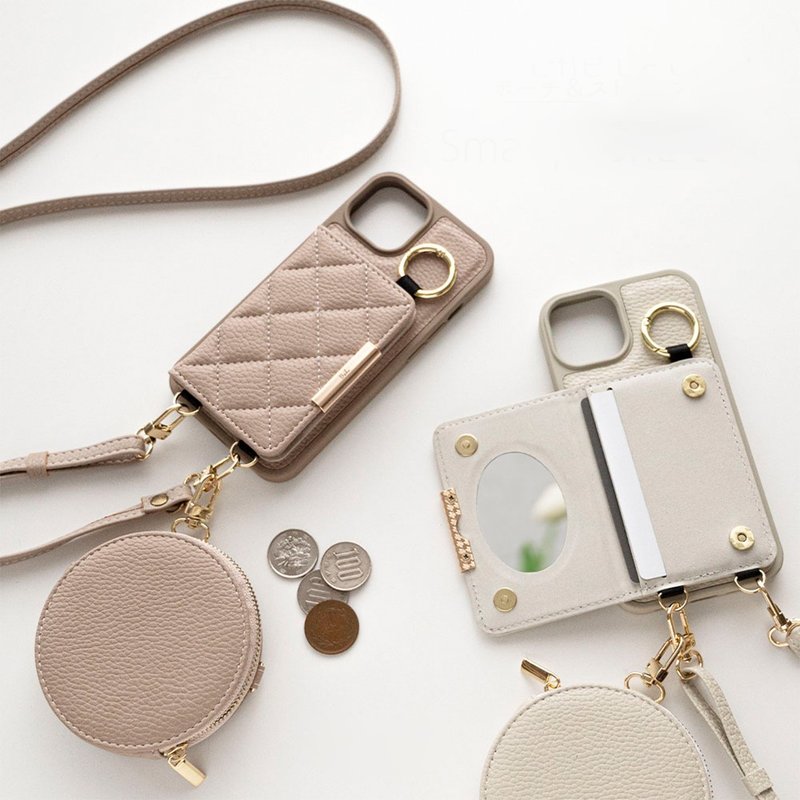 福袋：附赠小袋和背带、彩色后壳[带衬里和个人化名称的绗缝双折卡包]、镜面智慧型手机单肩包 JE15U - 手机壳/手机套 - 真皮 黑色