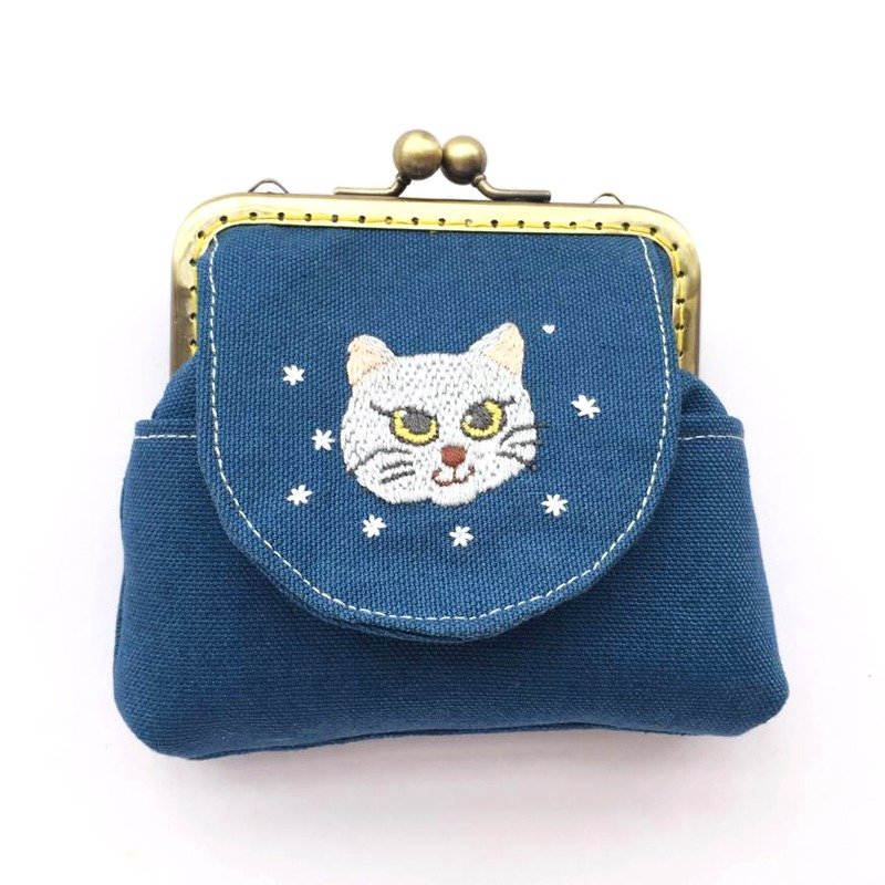 刺绣猫口金多用包 - 皮夹/钱包 - 棉．麻 蓝色