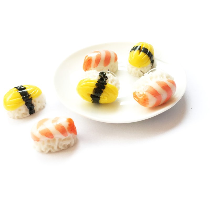Earrings, shrimp sushi + egg rolls - 耳环/耳夹 - 粘土 黄色