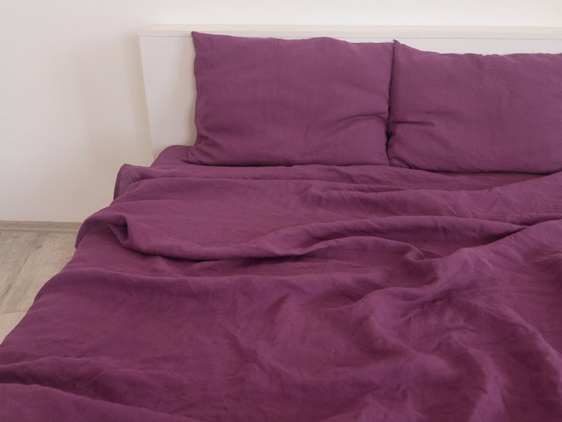 Burgundy linen sheet set / Flat+fitted sheet+2 pillowcases / Purple bedding - 寝具 - 亚麻 紫色
