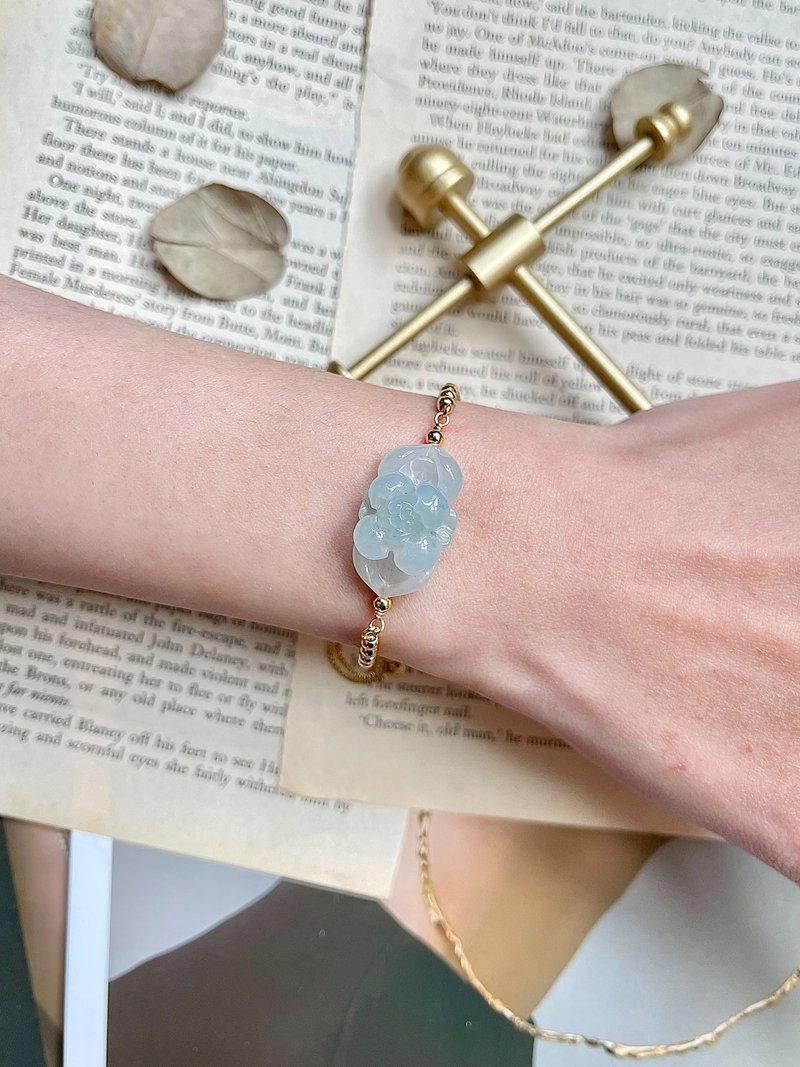 高冰晴飘花莲花翡翠14k包金手链  饰品|天然缅甸翡翠 - 手链/手环 - 玉石 金色