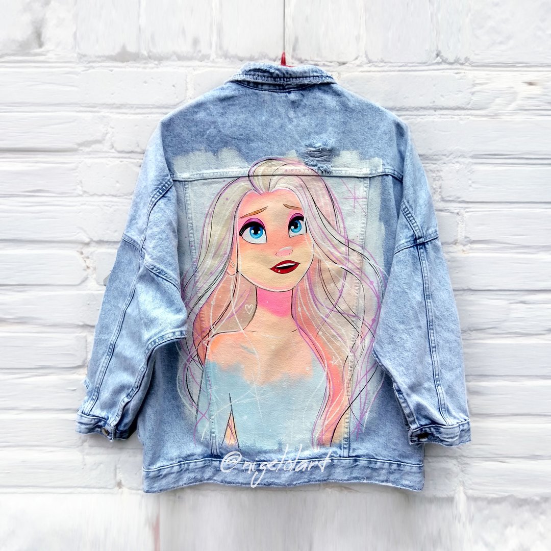Painted Denim Jacket Handmade Custom Gift Frozen Elsa Gift - 女装休闲/机能外套 - 棉 多色