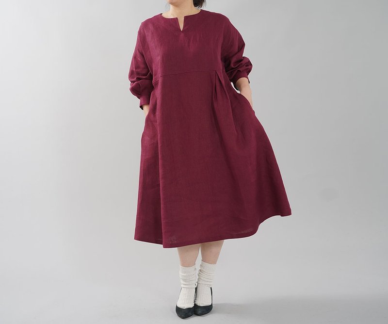 wafu - 純亞麻洋裝 Midweight Linen Balloon Sleeve dress / Chou Rouge a003a-srg2 - 洋装/连衣裙 - 亚麻 红色