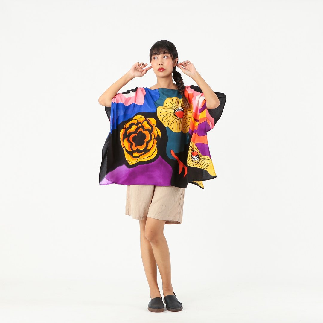 Poncho Blouse Cotton Silk Hand Painted for Summer resort - 女装上衣 - 棉 蓝色
