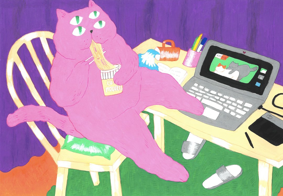 粉猫吃面条 艺术微喷装饰插画 - 海报/装饰画/版画 - 纸 