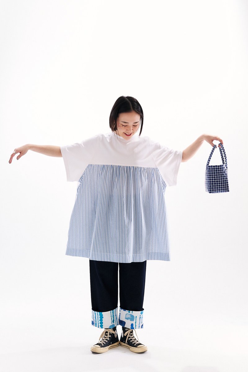 条纹抽皱拼接白T   剩最后一件 - 女装 T 恤 - 其他材质 白色