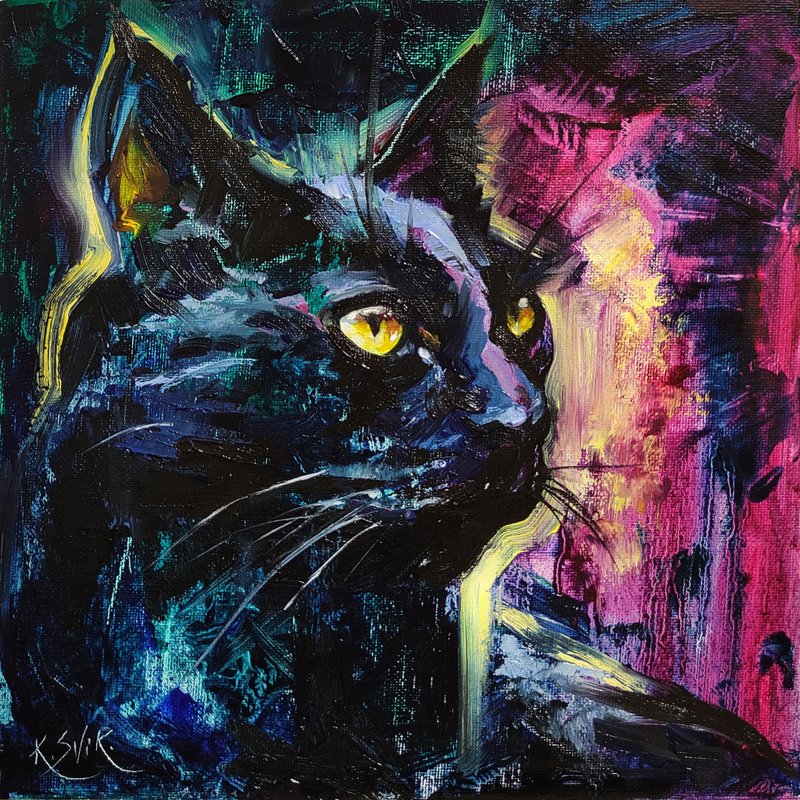 Cat Painting Animal Original Art Black Cat Painting Oil Wall Art Small Artwork - 海报/装饰画/版画 - 其他材质 多色