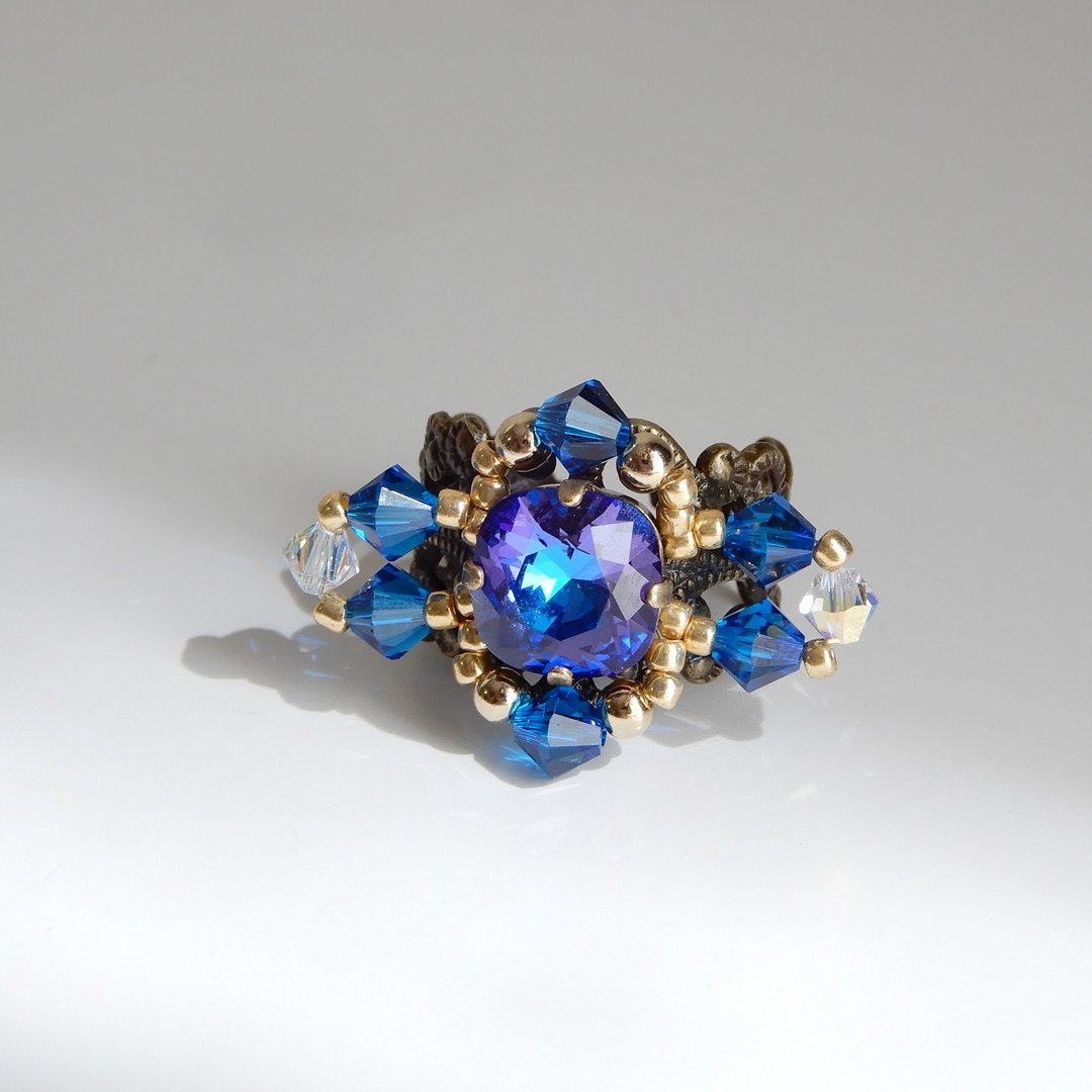 Blue purple large bead ring using rare crystal stone crystaldropsring0001 - 戒指 - 玻璃 蓝色
