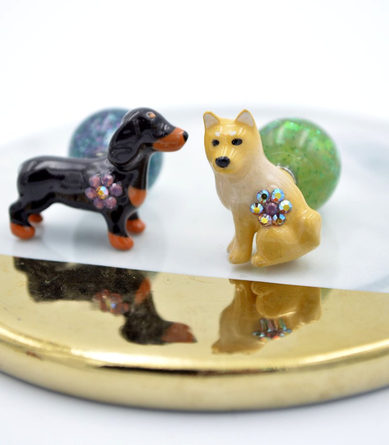 腊肠狗 金毛寻回犬 小狗 耳钉 手工珠子耳壁 - 耳环/耳夹 - 塑料 黄色