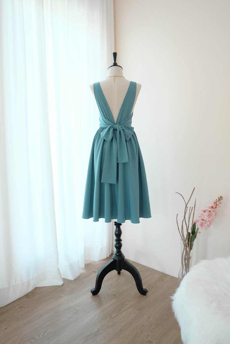 Rustic blue Dress Prom Dress Bridesmaid Dress Cocktail Backless Mid length - 晚装/礼服 - 聚酯纤维 蓝色
