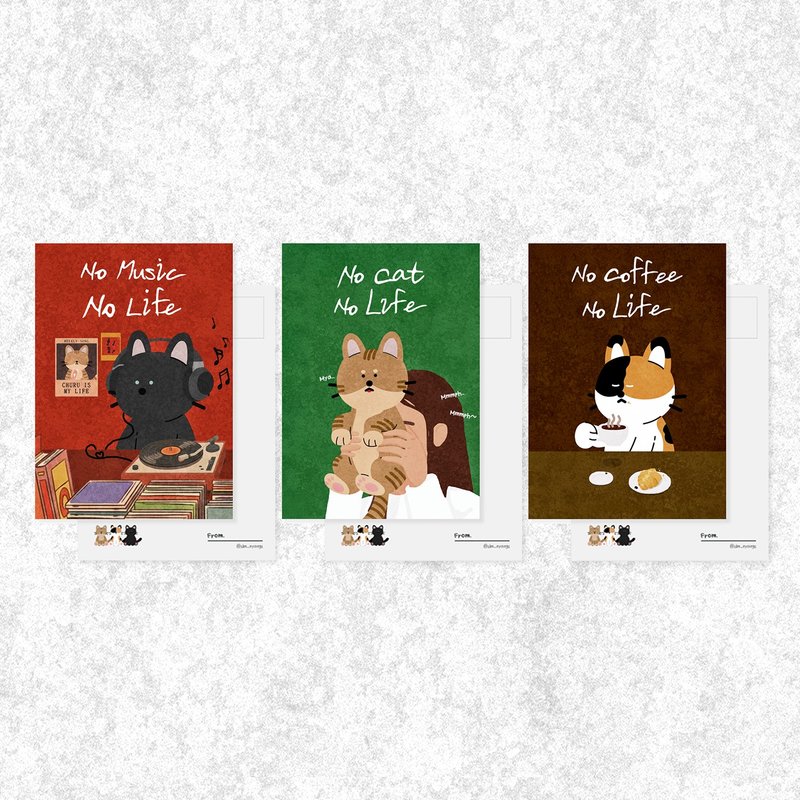 Simnyangs 猫咪插画明信片 No Life 套装 (3张) - 卡片/明信片 - 纸 多色