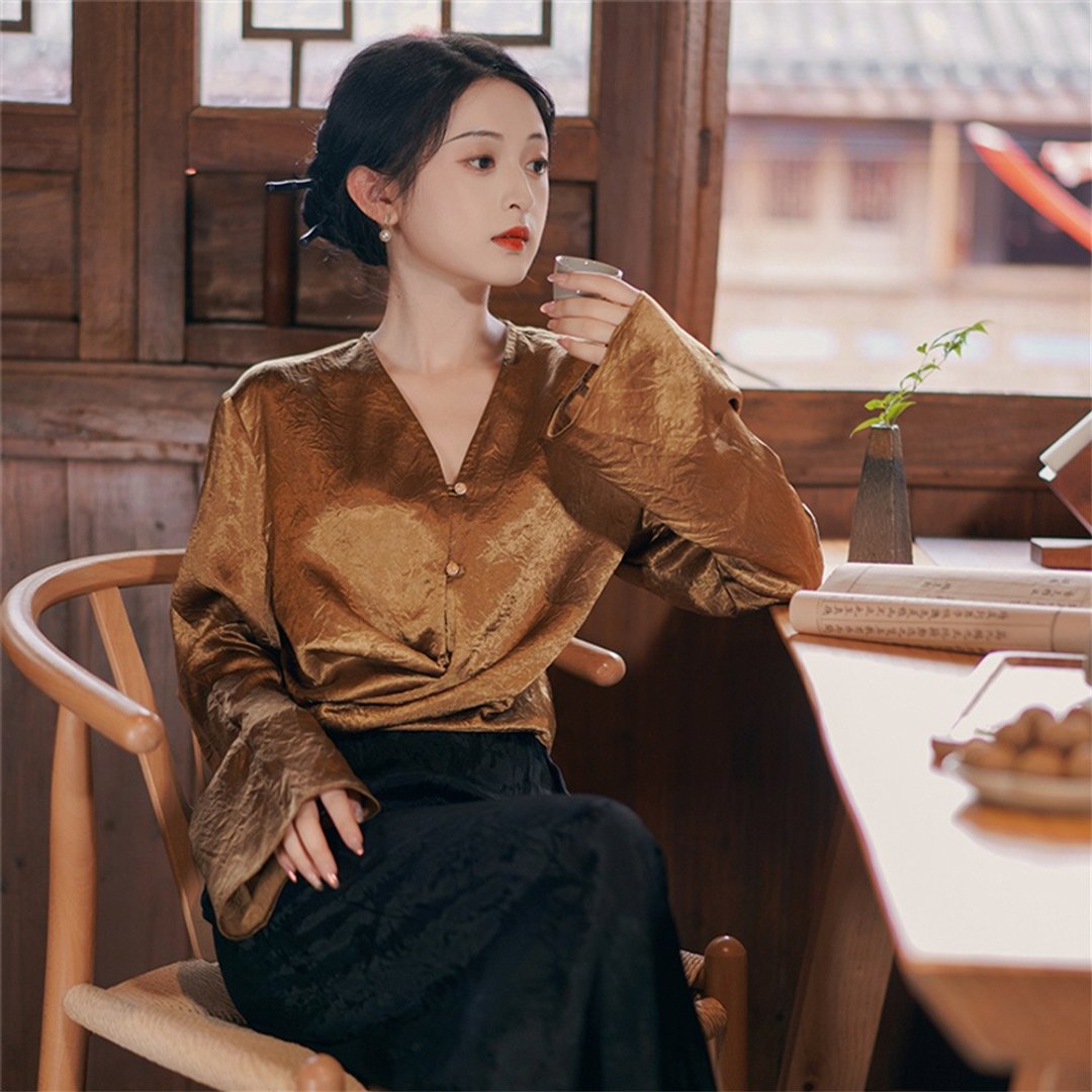 知秋 醋酸長袖襯衫 新中式秋季設計感襯衣 通勤上衣 - 裙子 - 聚酯纤维 橘色